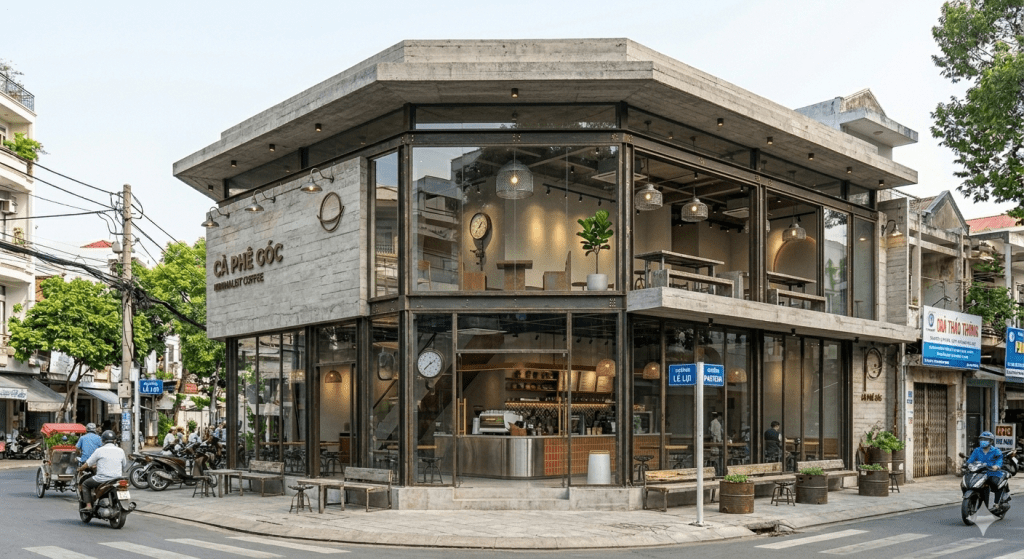 thiết kế quán cafe góc 2 mặt tiền
