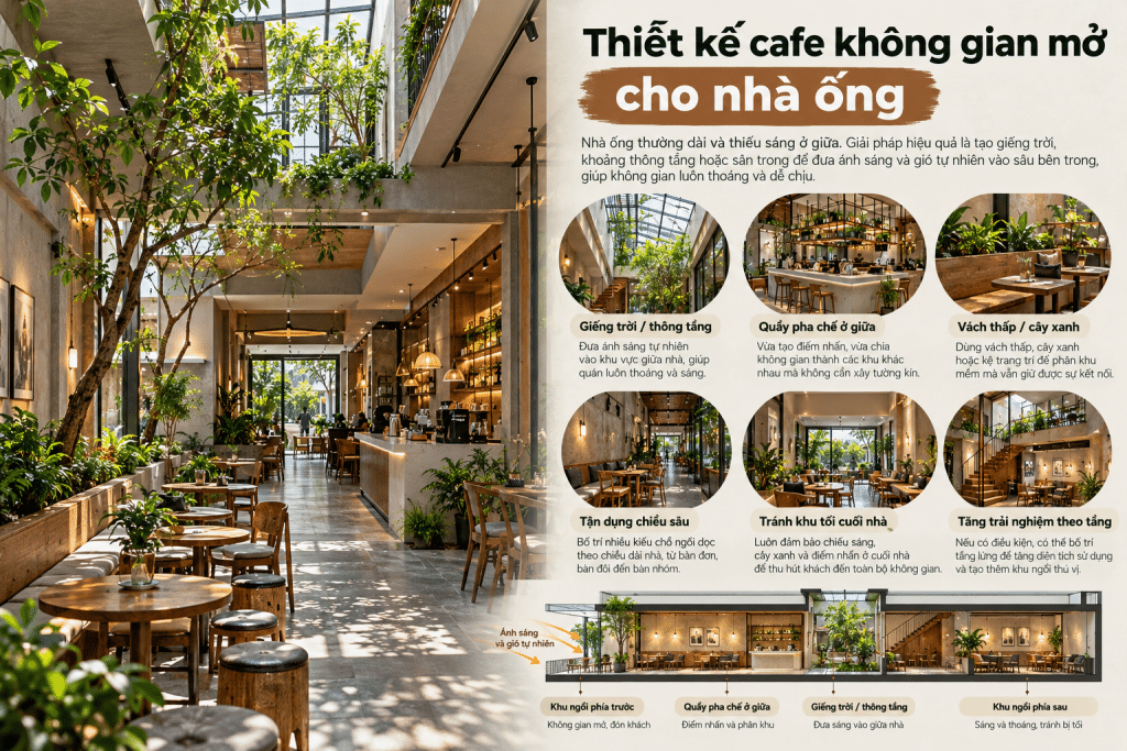thiết kế quán cafe không gian mở